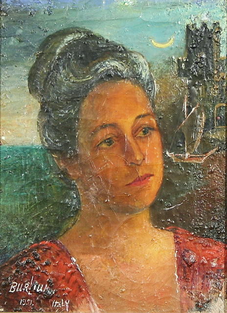 Wikioo.org - The Encyclopedia of Fine Arts - Painting, Artwork by David Davidovich Burliuk - Portrait by the Castle under Moonlight