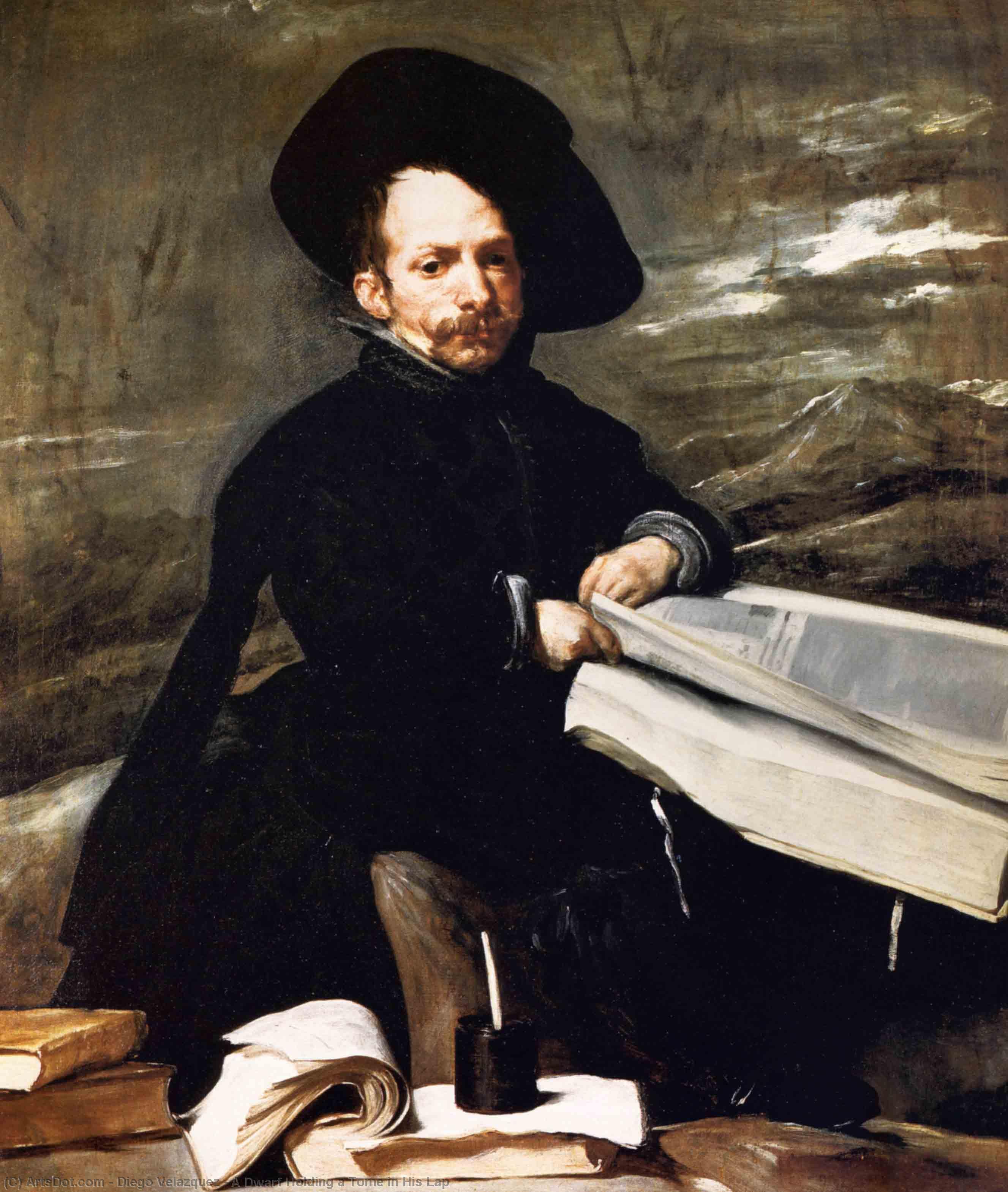 Wikioo.org - The Encyclopedia of Fine Arts - Painting, Artwork by Diego Velazquez - A Dwarf Holding a Tome in His Lap