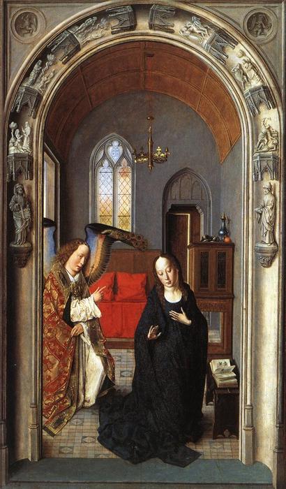 Wikioo.org - The Encyclopedia of Fine Arts - Painting, Artwork by Dierec Bouts - The Annunciation ((Polyptych of the Virgin, the wing)