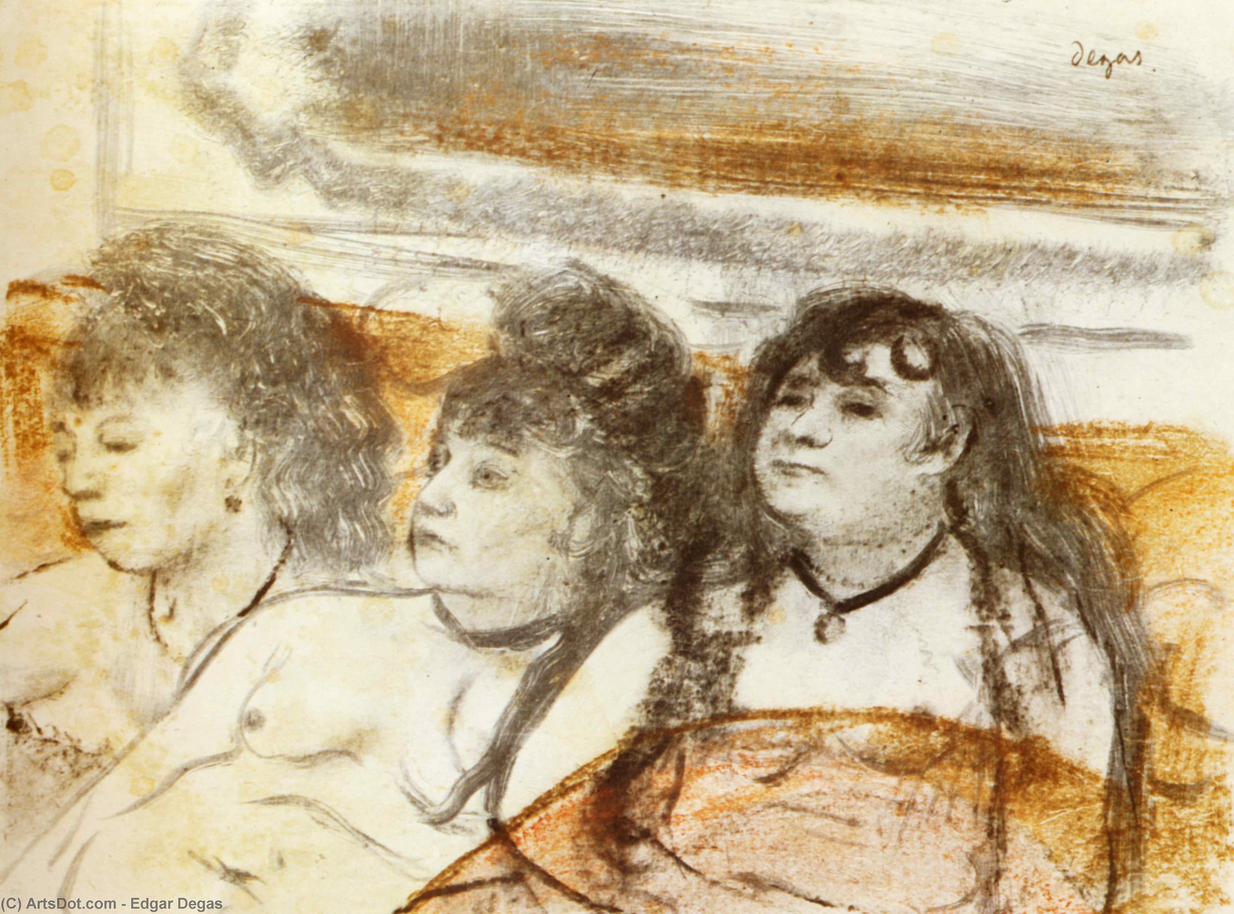 Wikioo.org - The Encyclopedia of Fine Arts - Painting, Artwork by Edgar Degas - Three girls sitting en face