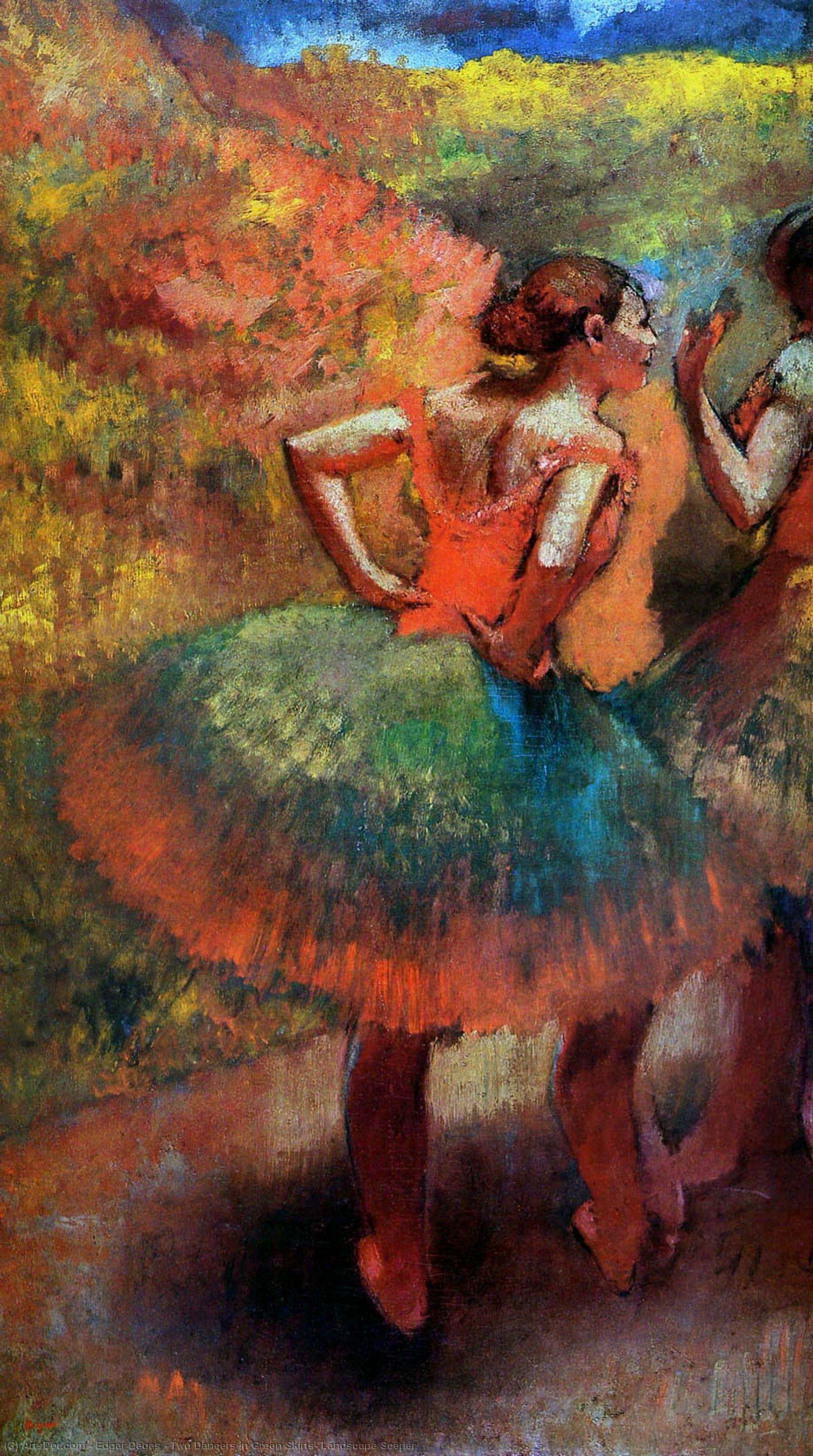 Wikoo.org - موسوعة الفنون الجميلة - اللوحة، العمل الفني Edgar Degas - Two Dancers in Green Skirts, Landscape Scener