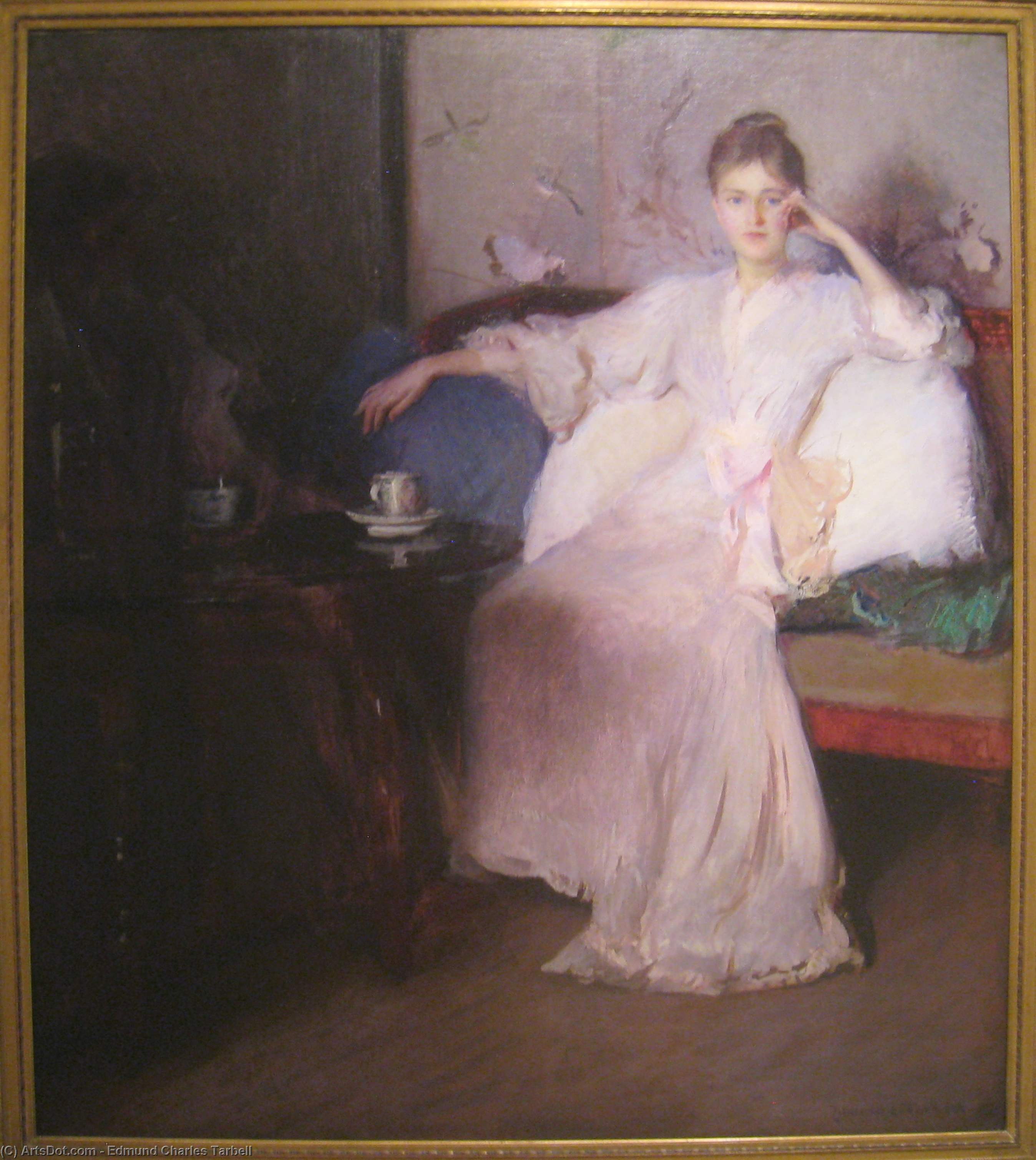 Wikioo.org – L'Enciclopedia delle Belle Arti - Pittura, Opere di Edmund Charles Tarbell - Sistemazione in garofano  e le  grigio  pomeriggio  tè