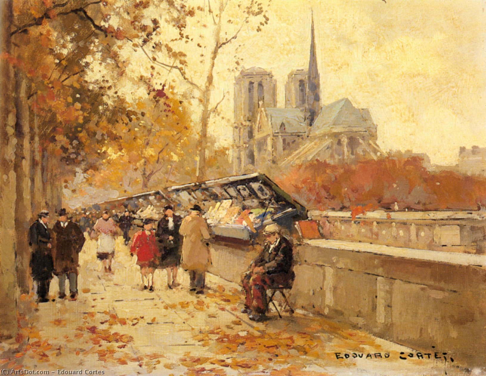 Wikioo.org - The Encyclopedia of Fine Arts - Painting, Artwork by Edouard Cortes - Booksellers along the Seine, Notre-Dame View