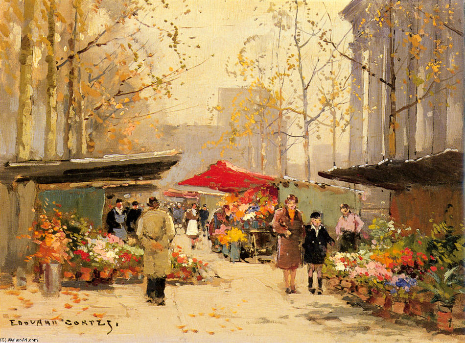 Wikioo.org - The Encyclopedia of Fine Arts - Painting, Artwork by Edouard Cortes - Flower Stalls at La Madeleine