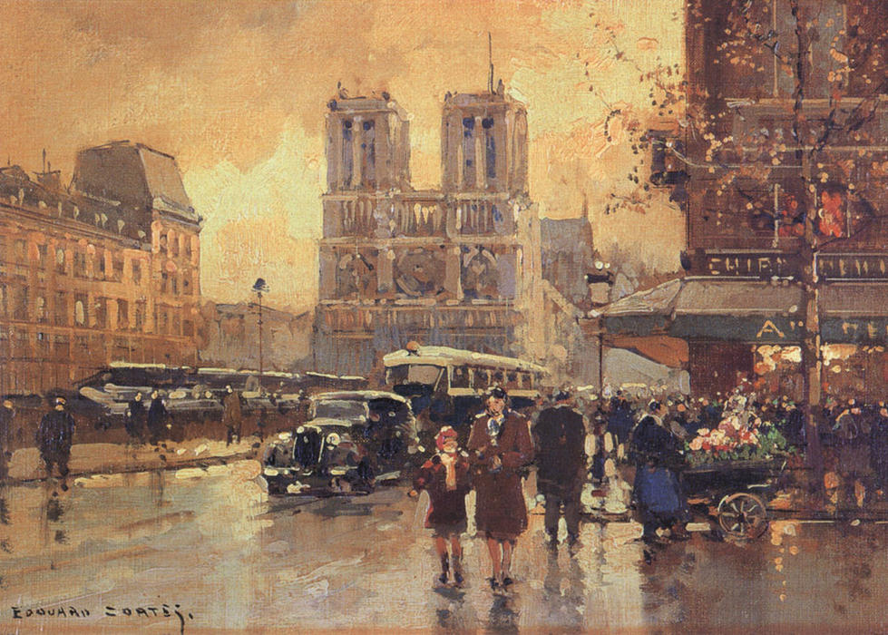 Wikioo.org - The Encyclopedia of Fine Arts - Painting, Artwork by Edouard Cortes - Place Saint Michel, Notre Dame
