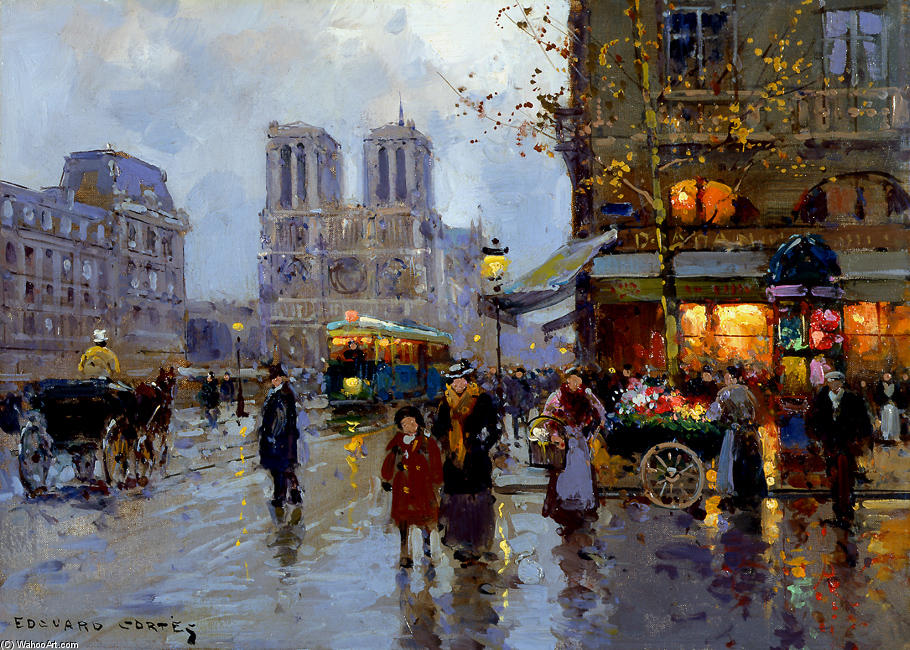 WikiOO.org - Güzel Sanatlar Ansiklopedisi - Resim, Resimler Edouard Cortes - Place Saint Michel, Notre Dame