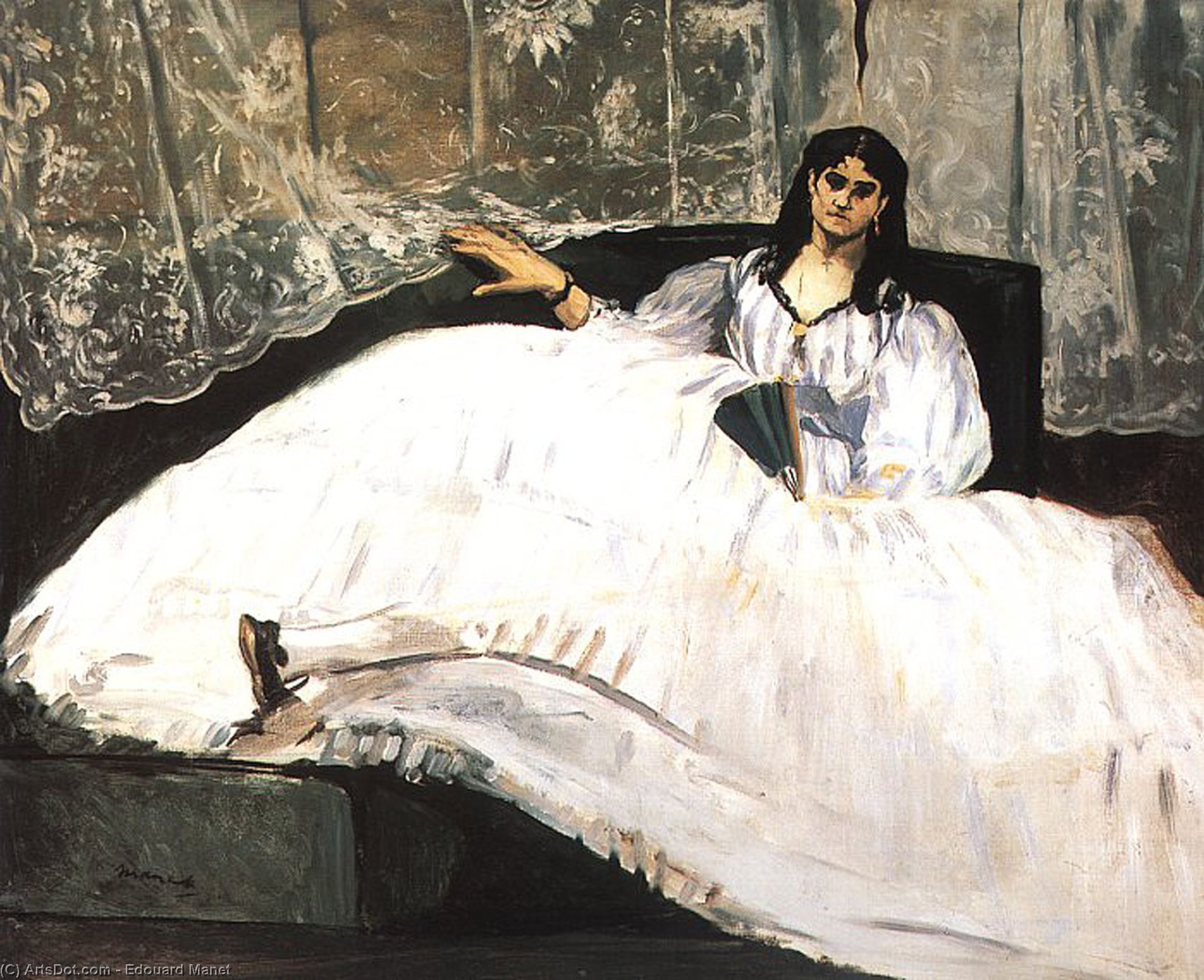 WikiOO.org - Encyclopedia of Fine Arts - Målning, konstverk Edouard Manet - Jeanne Duval, Baudelaire's Mistress, Reclining (Lady with a Fan)