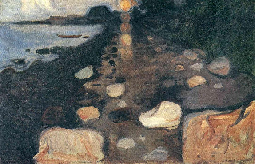 Wikoo.org - موسوعة الفنون الجميلة - اللوحة، العمل الفني Edvard Munch - Moonlight on the Shore