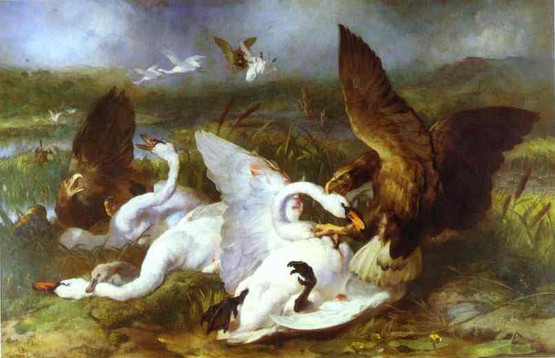 Wikioo.org – La Enciclopedia de las Bellas Artes - Pintura, Obras de arte de Edwin Henry Landseer - Swannery Invadido por los Eagles