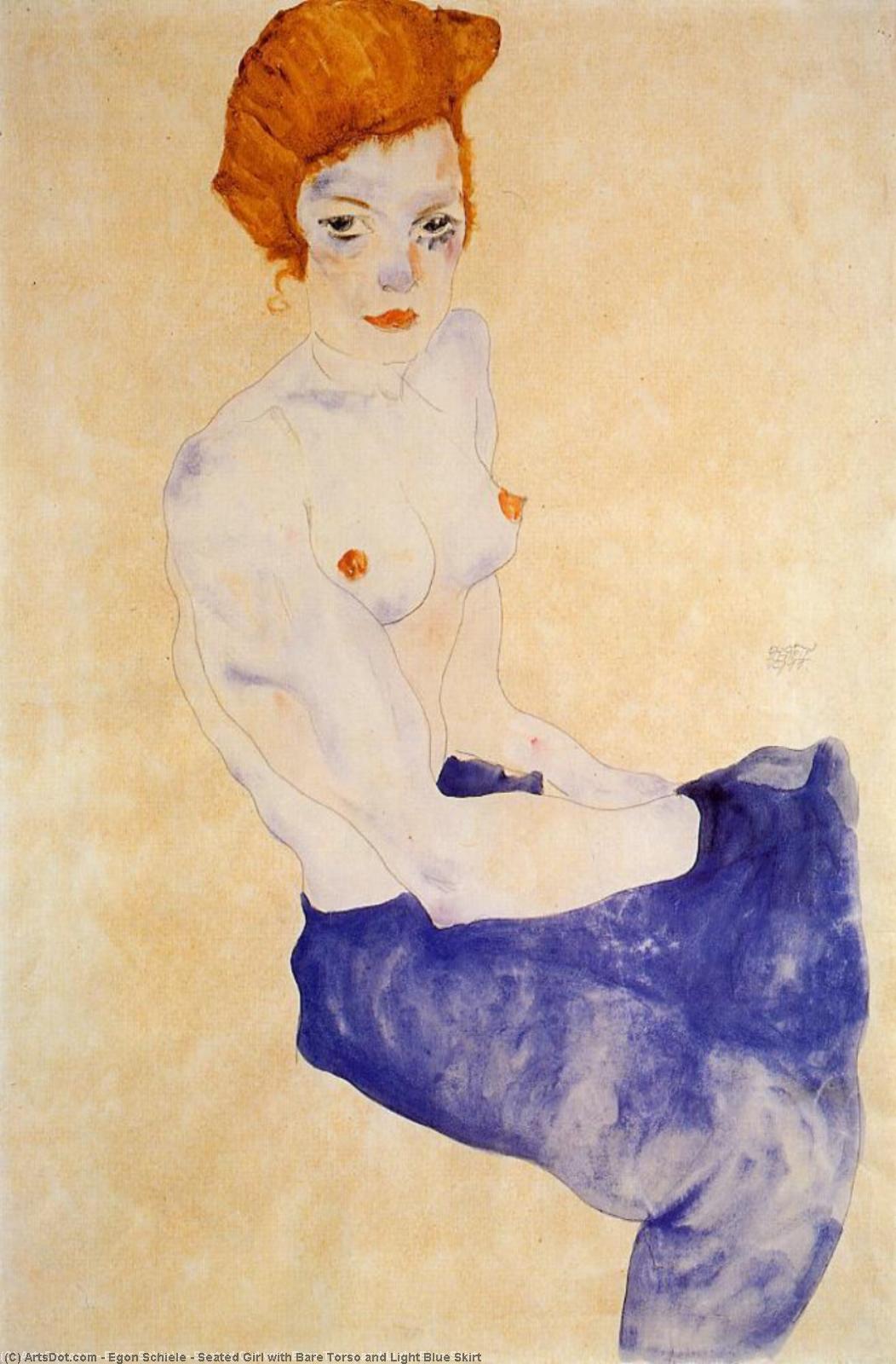 Wikioo.org - The Encyclopedia of Fine Arts - Painting, Artwork by Egon Schiele - Seated Girl with Bare Torso and Light Blue Skirt