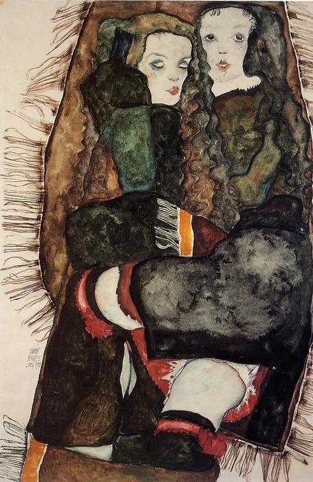 Wikoo.org - موسوعة الفنون الجميلة - اللوحة، العمل الفني Egon Schiele - Two Girls on a Fringed Blanket