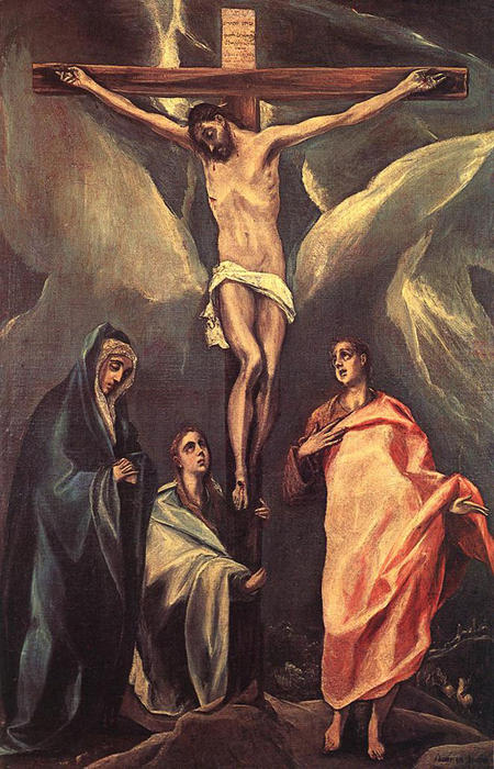 Wikioo.org - The Encyclopedia of Fine Arts - Painting, Artwork by El Greco (Doménikos Theotokopoulos) - Christ on the cross with two Maries and St. John