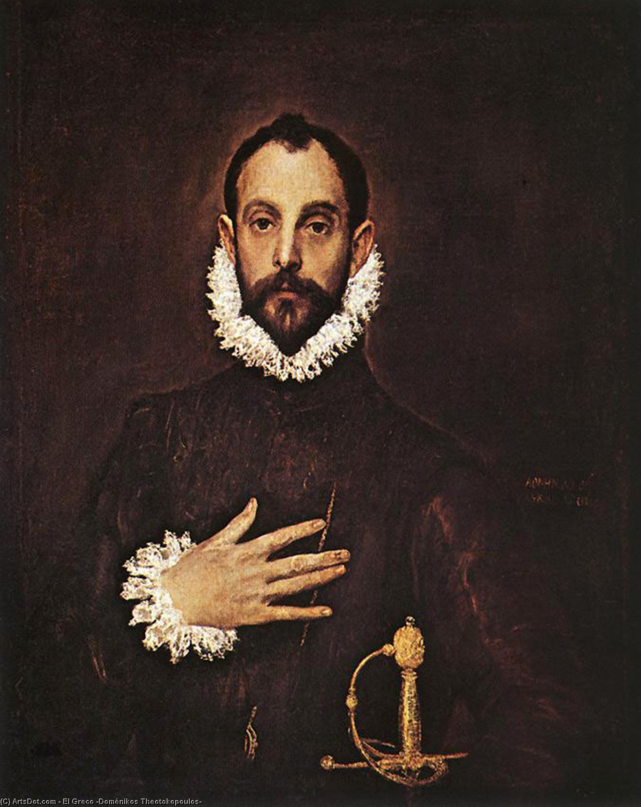 WikiOO.org - 百科事典 - 絵画、アートワーク El Greco (Doménikos Theotokopoulos) - 彼の胸に彼の手でナイト
