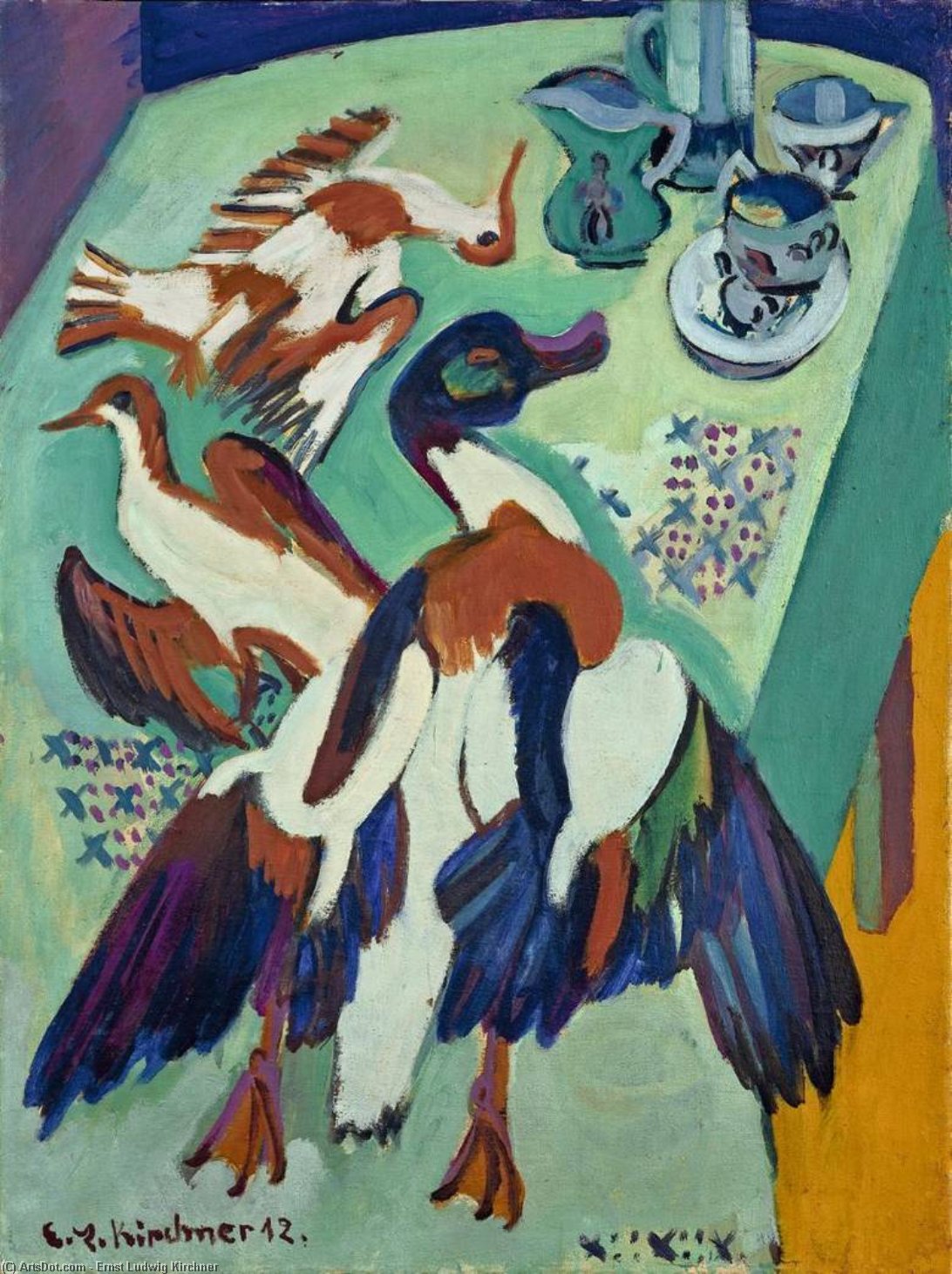 Wikioo.org – L'Encyclopédie des Beaux Arts - Peinture, Oeuvre de Ernst Ludwig Kirchner - nature morte avec canard et  bécassines