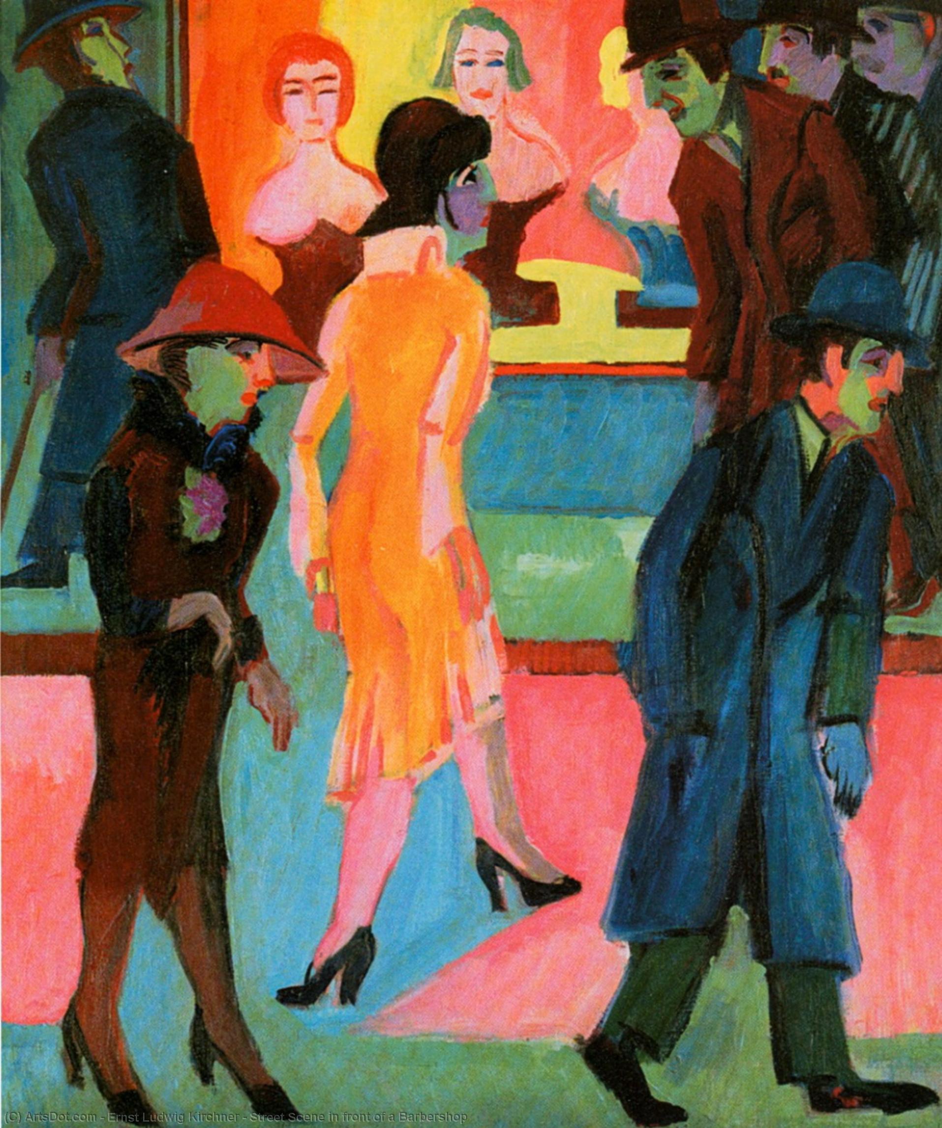 Wikioo.org - The Encyclopedia of Fine Arts - Painting, Artwork by Ernst Ludwig Kirchner - Street Scene in front of a Barbershop
