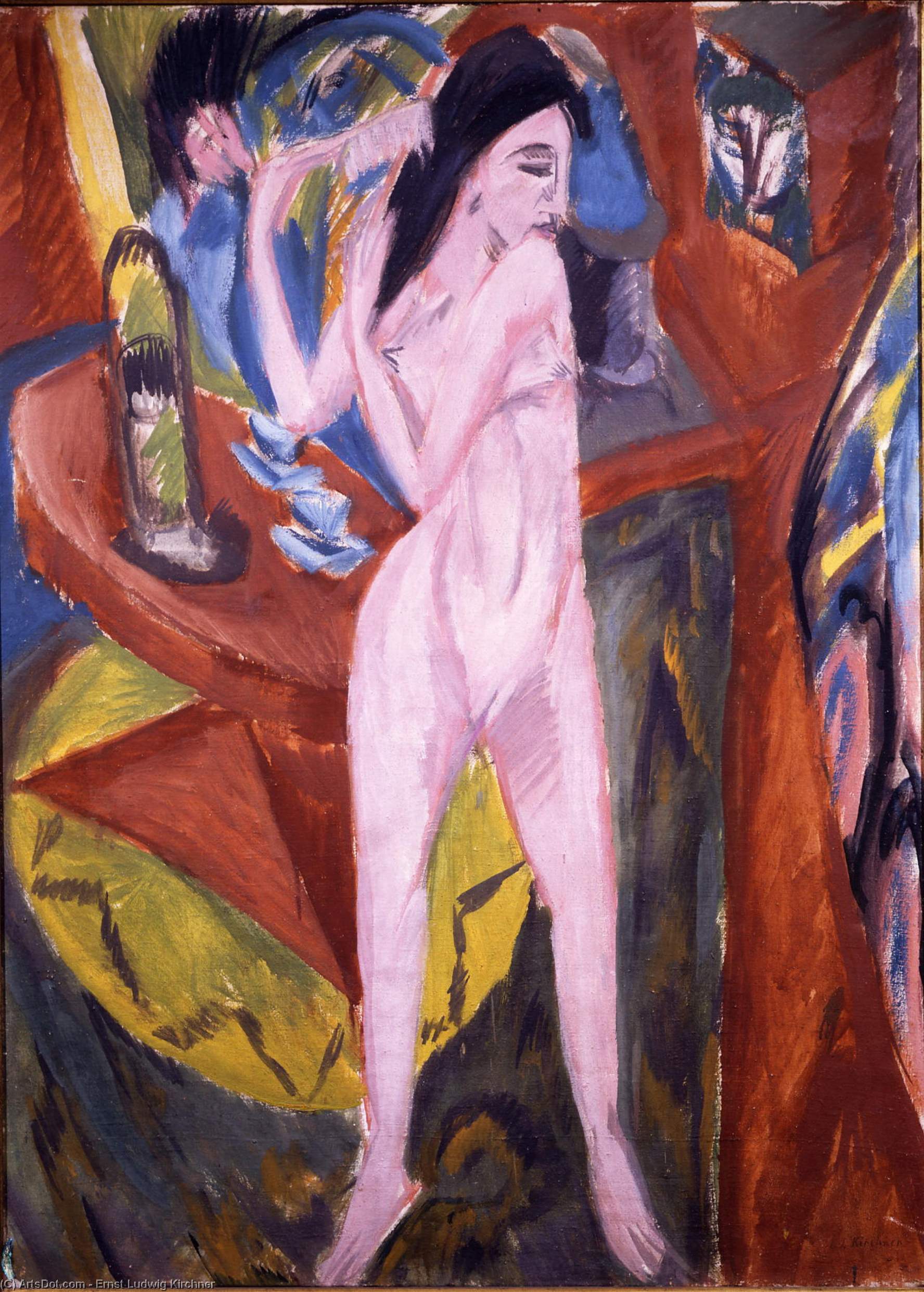 Wikoo.org - موسوعة الفنون الجميلة - اللوحة، العمل الفني Ernst Ludwig Kirchner - Nude Woman Combing Her Hair