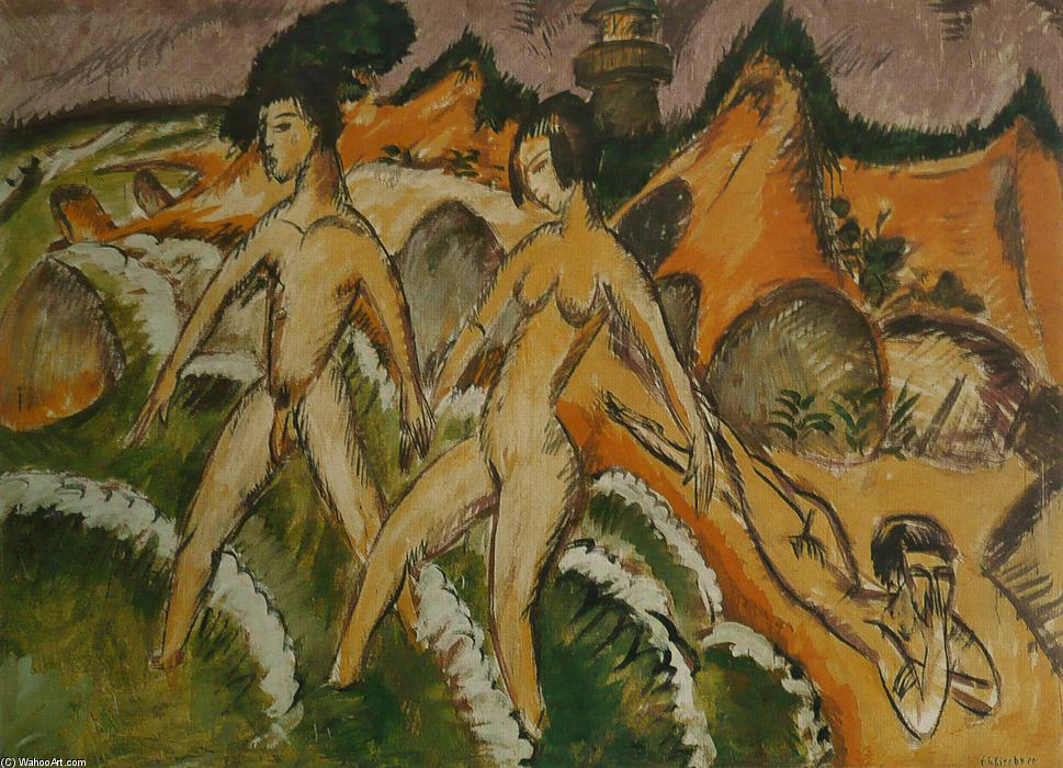 Wikioo.org - The Encyclopedia of Fine Arts - Painting, Artwork by Ernst Ludwig Kirchner - Female Nudes Striding into the Sea