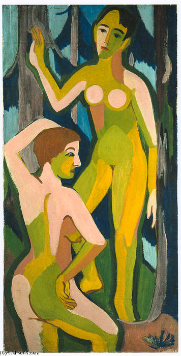 Wikoo.org - موسوعة الفنون الجميلة - اللوحة، العمل الفني Ernst Ludwig Kirchner - Two Nudes in the Wood II