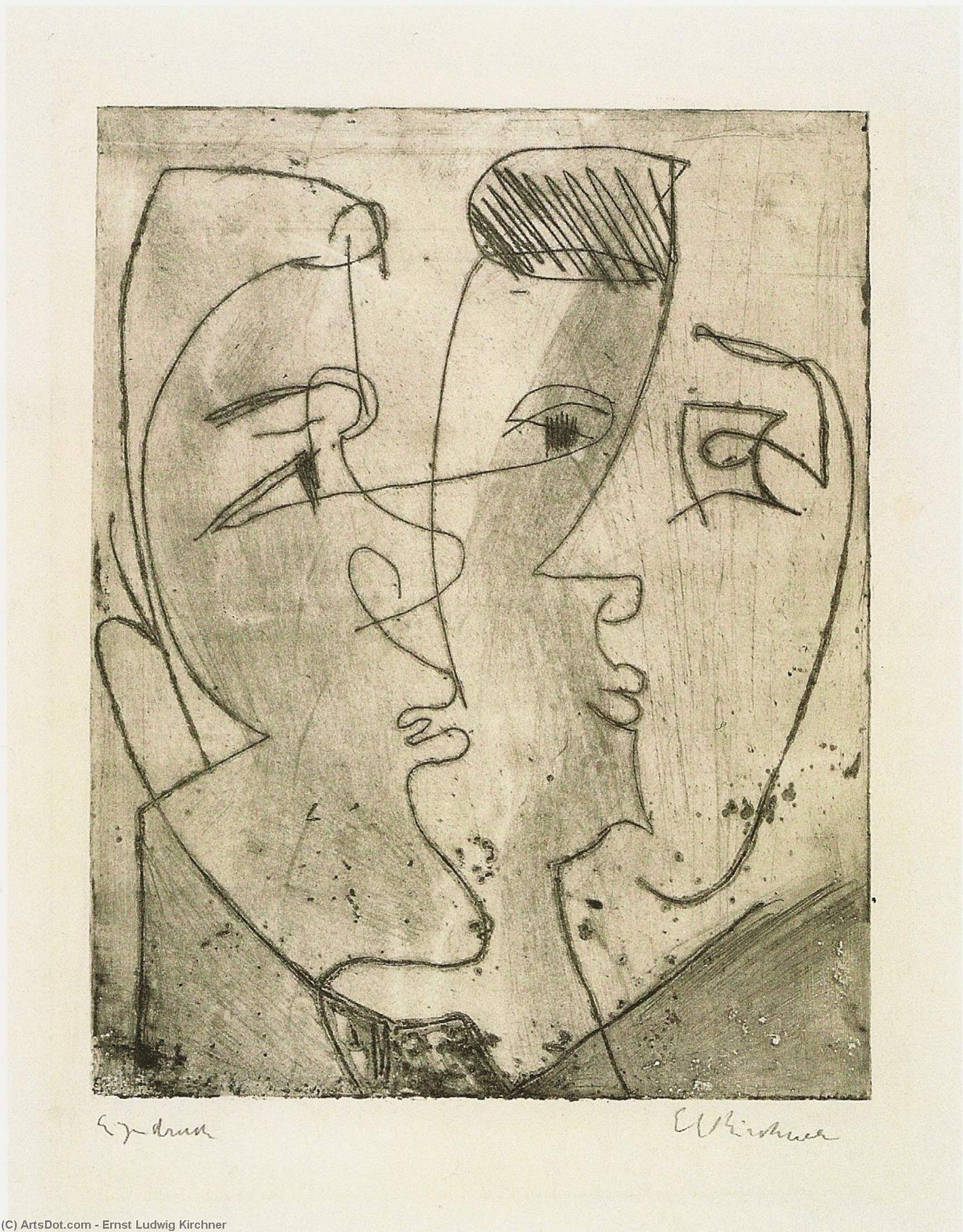 WikiOO.org - Encyclopedia of Fine Arts - Lukisan, Artwork Ernst Ludwig Kirchner - Three Faces