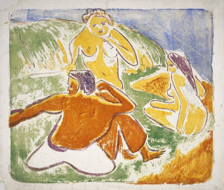 Wikioo.org – L'Enciclopedia delle Belle Arti - Pittura, Opere di Ernst Ludwig Kirchner - tre bagnanti sulla spiaggia