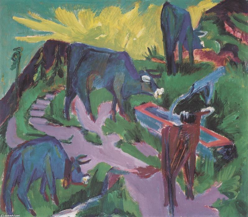 Wikioo.org - The Encyclopedia of Fine Arts - Painting, Artwork by Ernst Ludwig Kirchner - Cows at Sunset