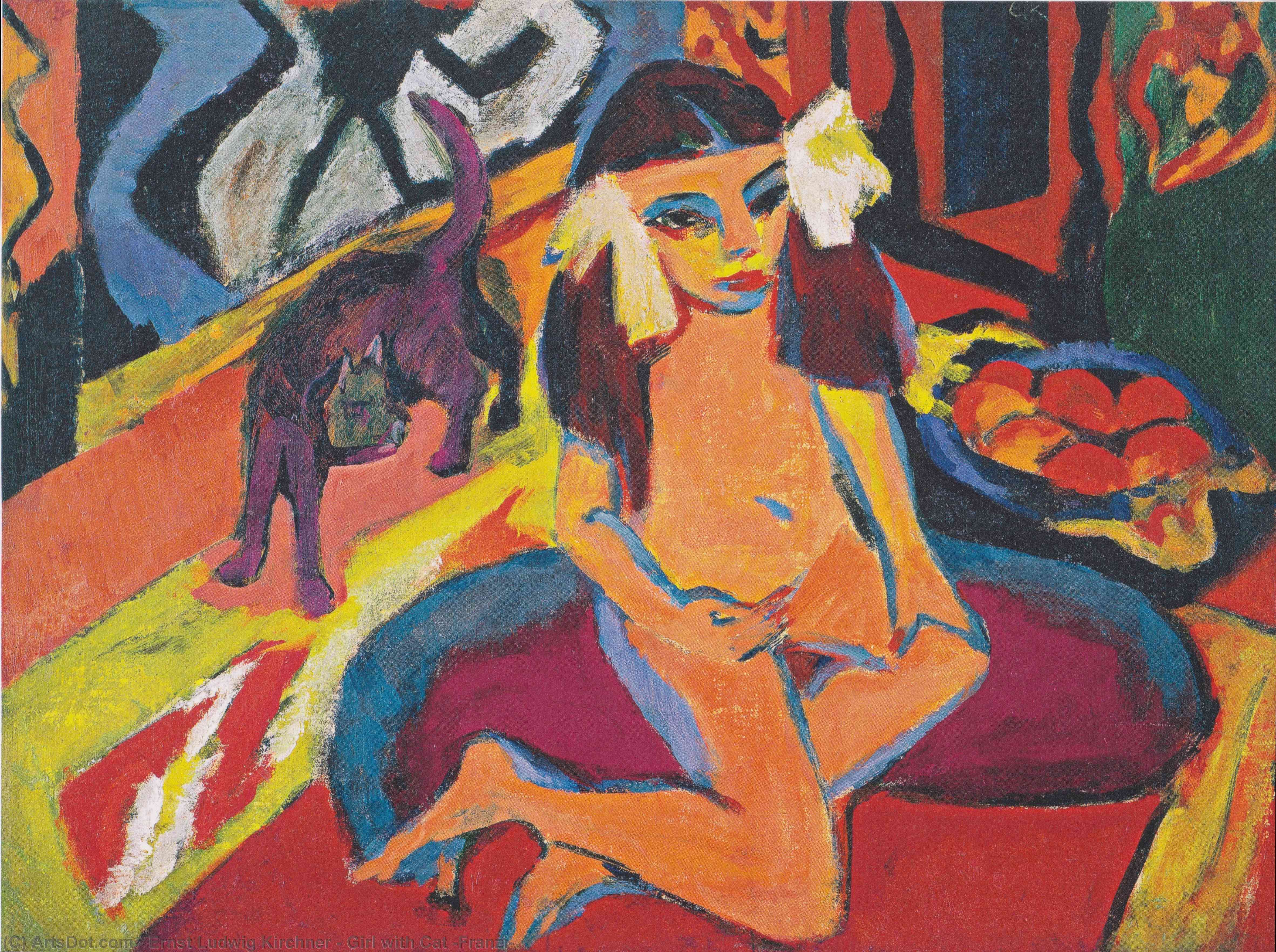 Wikioo.org - The Encyclopedia of Fine Arts - Painting, Artwork by Ernst Ludwig Kirchner - Girl with Cat (Franzi)