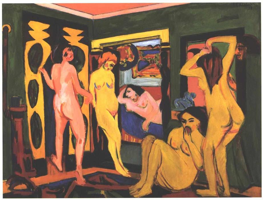 Wikioo.org - The Encyclopedia of Fine Arts - Painting, Artwork by Ernst Ludwig Kirchner - Bathing Women in a Room