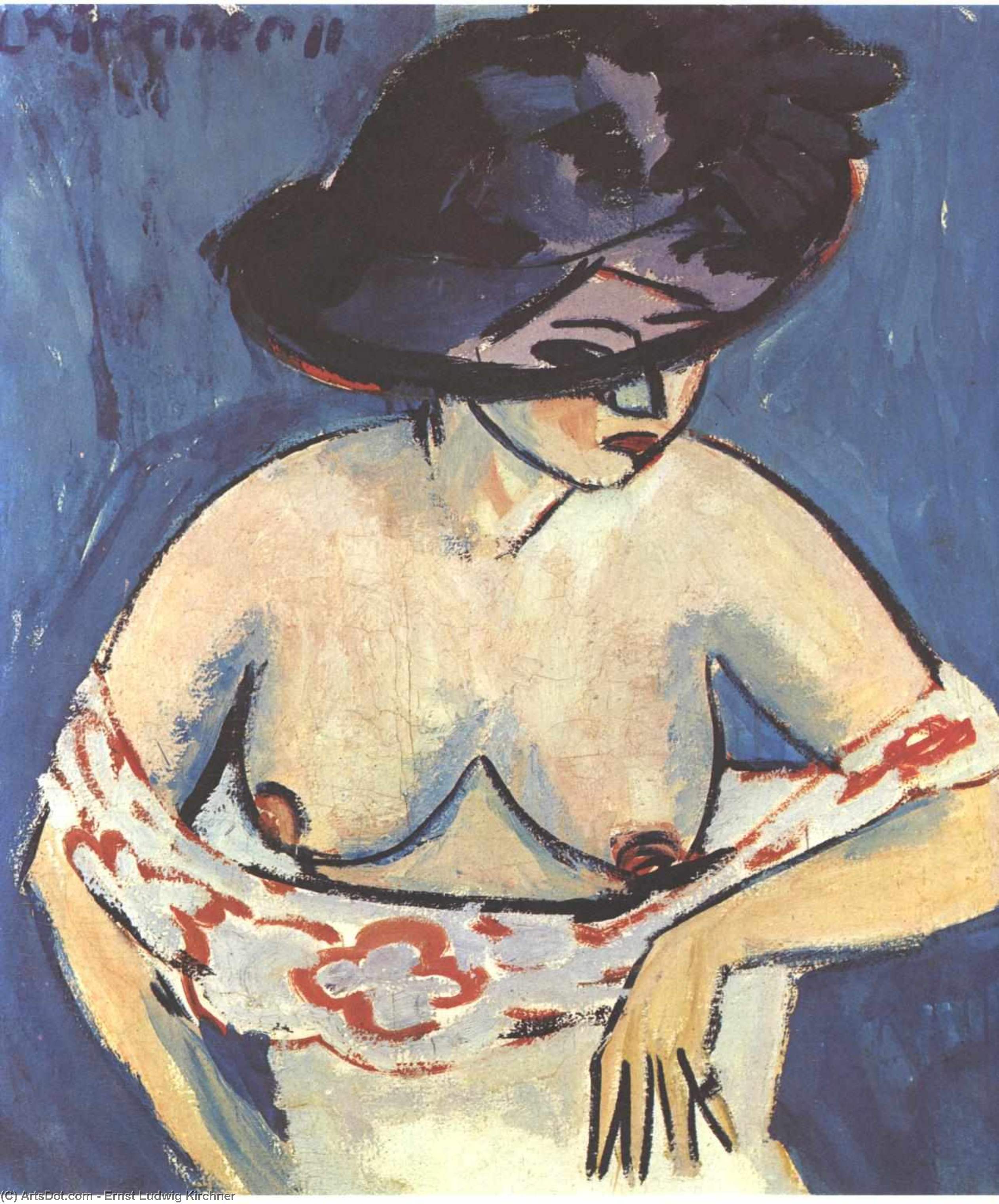 Wikioo.org - The Encyclopedia of Fine Arts - Painting, Artwork by Ernst Ludwig Kirchner - Half-Naked Woman with a Hat