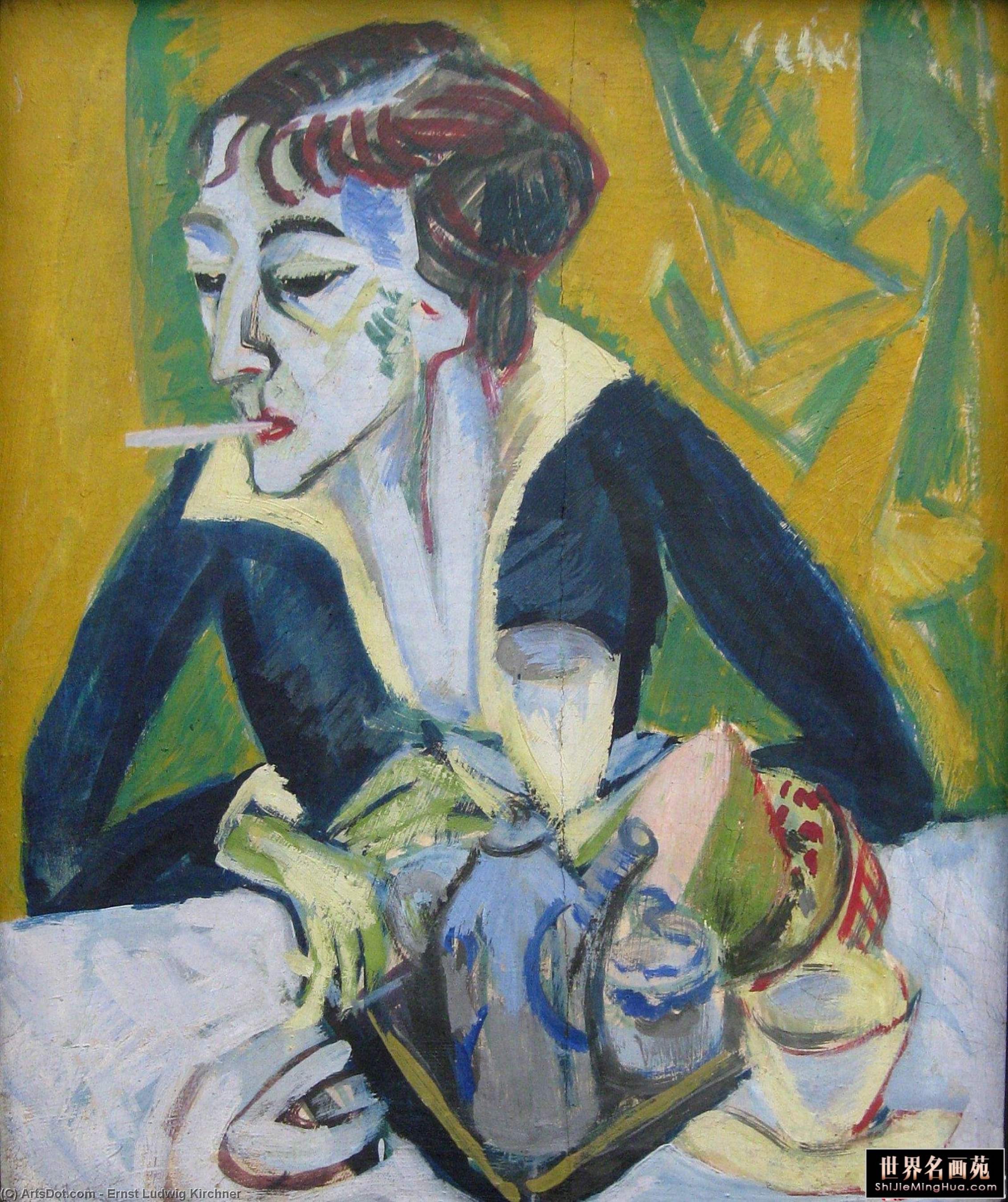 Wikoo.org - موسوعة الفنون الجميلة - اللوحة، العمل الفني Ernst Ludwig Kirchner - Erna with Cigarette