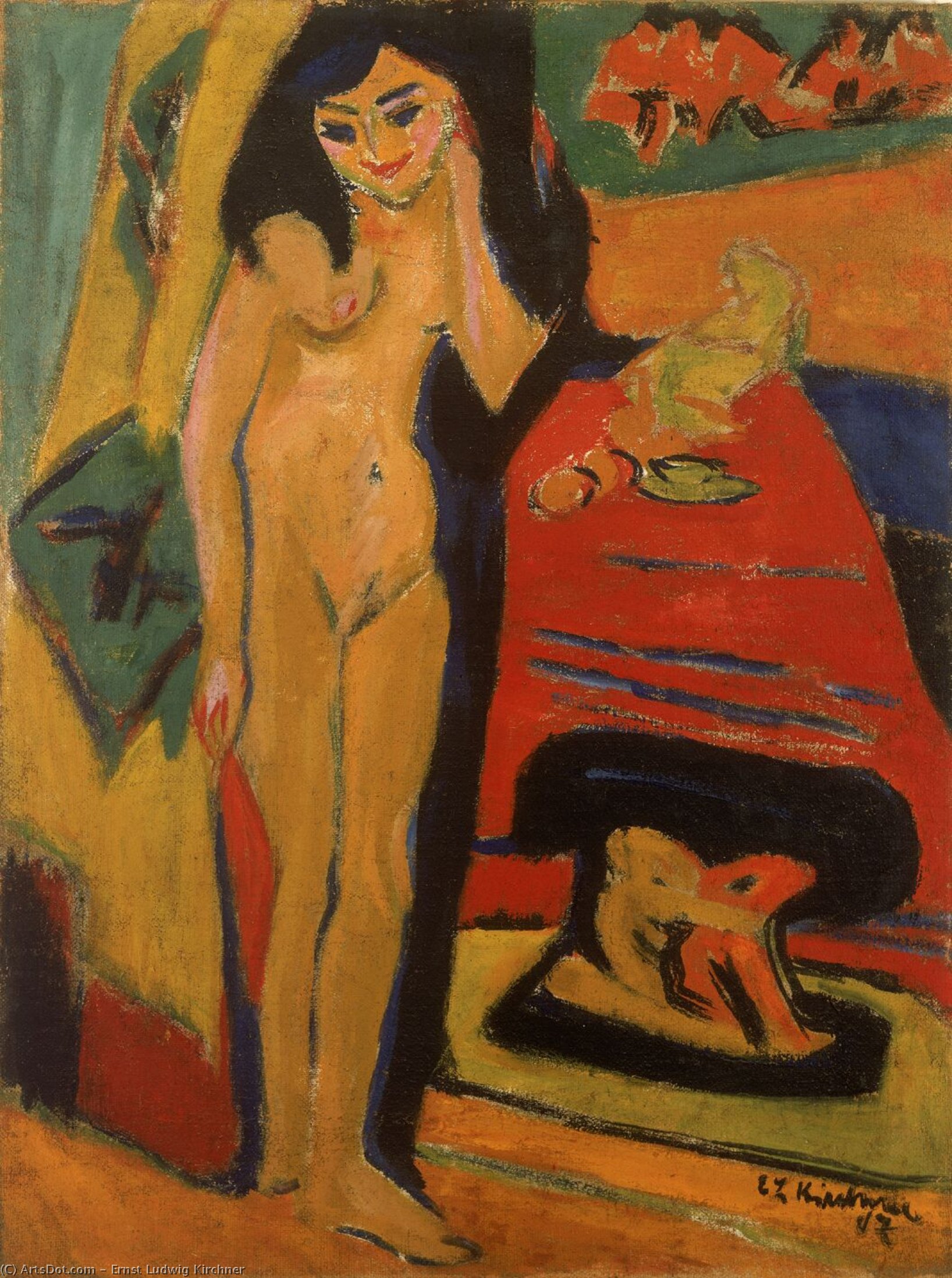Wikioo.org - The Encyclopedia of Fine Arts - Painting, Artwork by Ernst Ludwig Kirchner - Naked girl Behind the Curtain (Franzi)