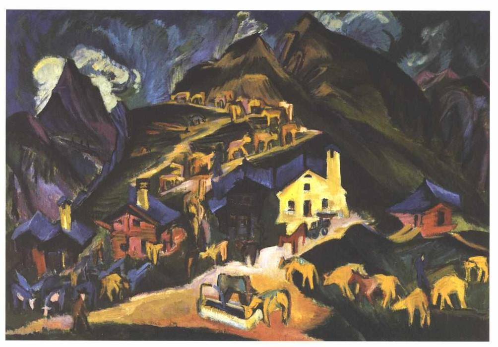 Wikioo.org - The Encyclopedia of Fine Arts - Painting, Artwork by Ernst Ludwig Kirchner - Farmers Driving Cattle to a Alpine Pasture