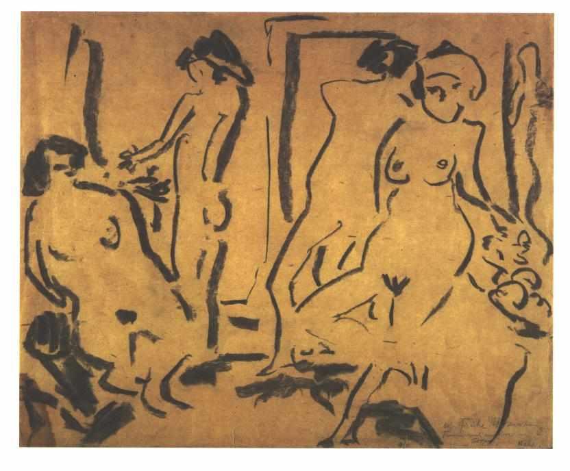Wikioo.org - The Encyclopedia of Fine Arts - Painting, Artwork by Ernst Ludwig Kirchner - Female Nudes in a Atelier