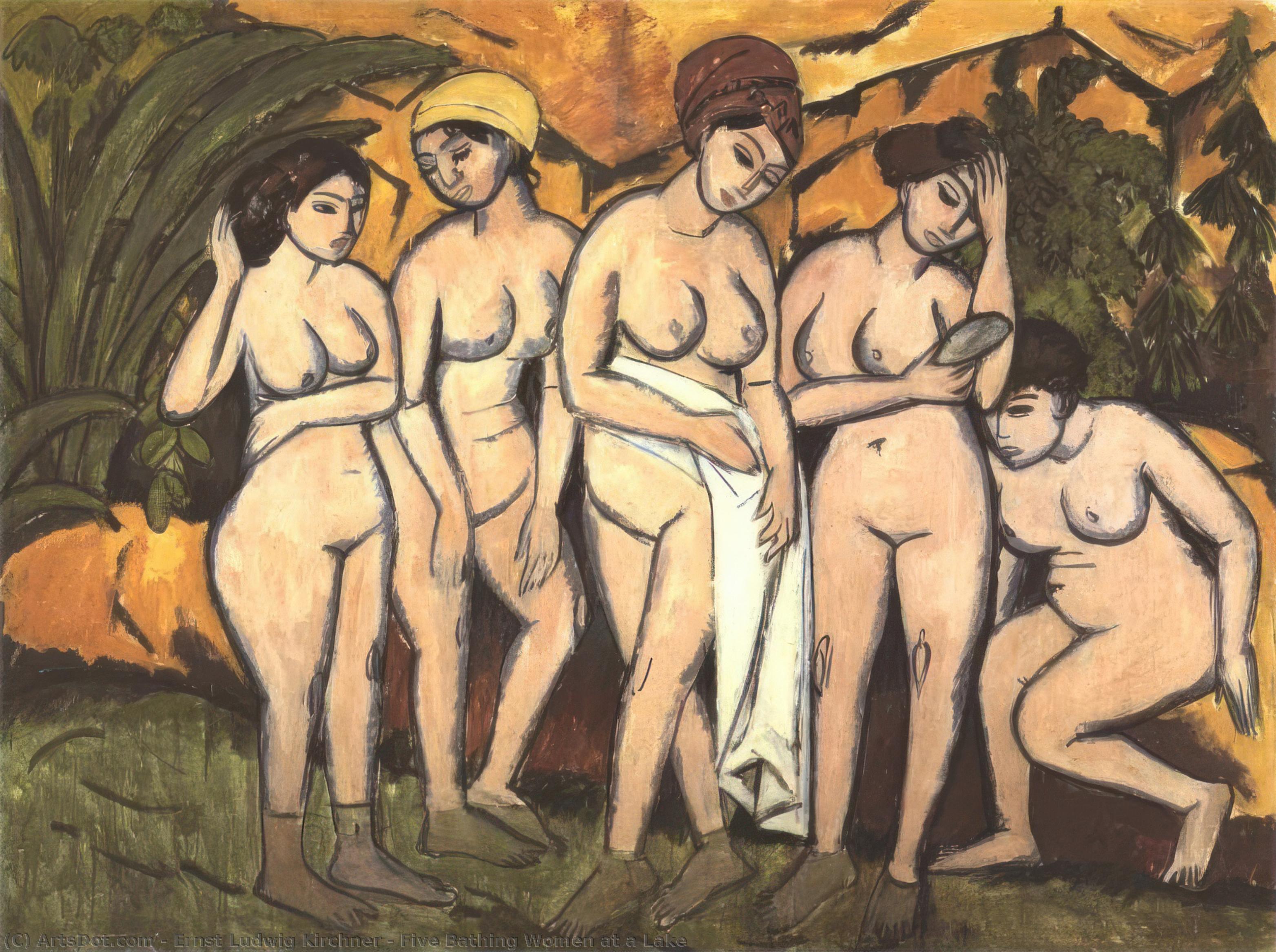 Wikioo.org - The Encyclopedia of Fine Arts - Painting, Artwork by Ernst Ludwig Kirchner - Five Bathing Women at a Lake