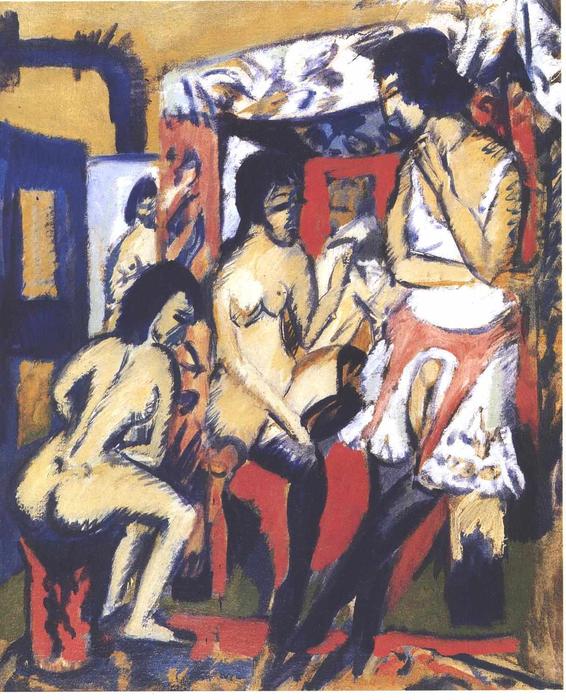 Wikioo.org - Die Enzyklopädie bildender Kunst - Malerei, Kunstwerk von Ernst Ludwig Kirchner - Nudes in Atelier