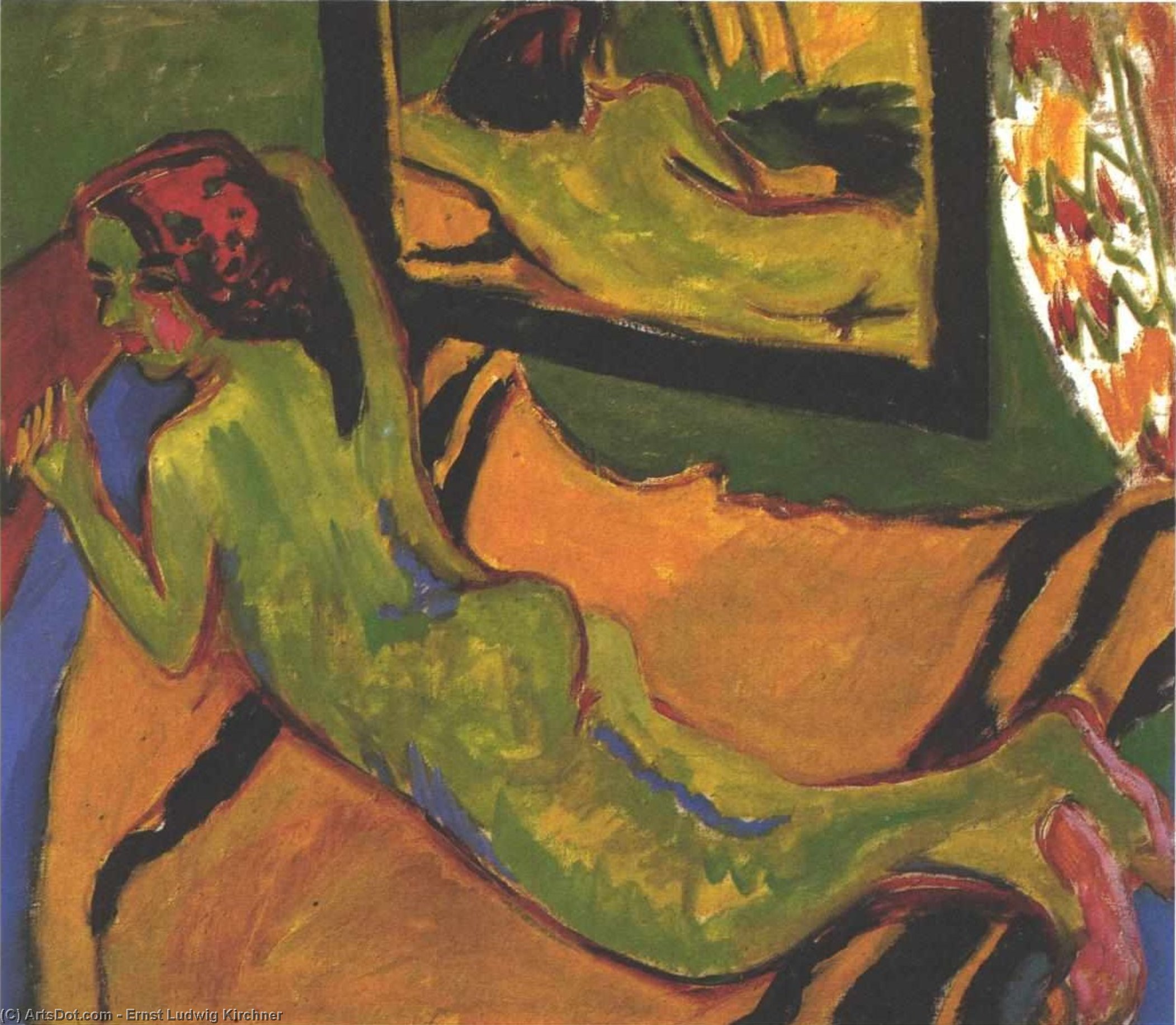 Wikioo.org - The Encyclopedia of Fine Arts - Painting, Artwork by Ernst Ludwig Kirchner - Reclining Female Nude in Front of a Mirror