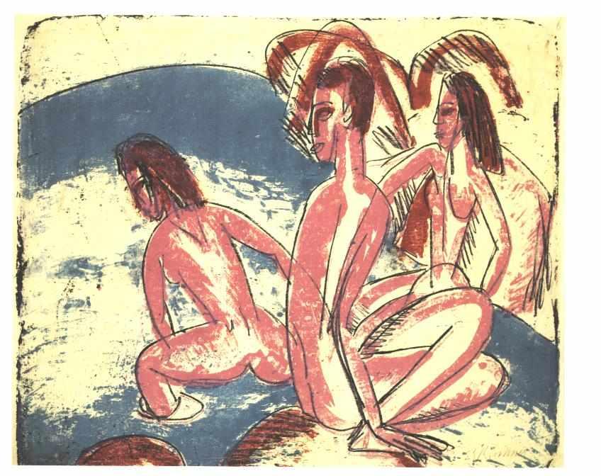 Wikioo.org - The Encyclopedia of Fine Arts - Painting, Artwork by Ernst Ludwig Kirchner - Tree Bathers Sitting on Rocks