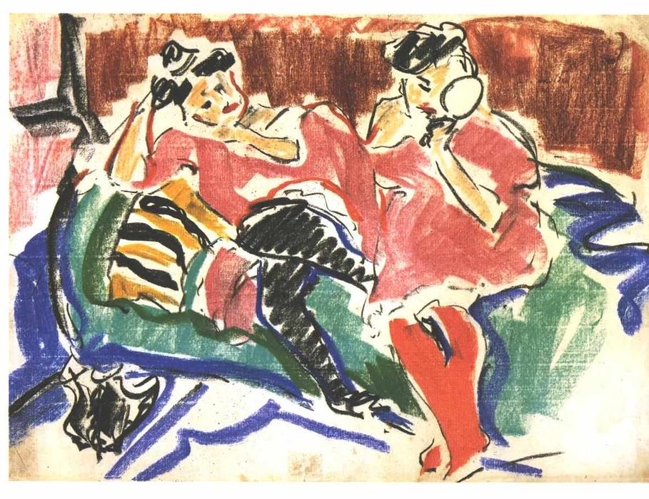 Wikioo.org - Die Enzyklopädie bildender Kunst - Malerei, Kunstwerk von Ernst Ludwig Kirchner - zwei frauen bei einem `couch`