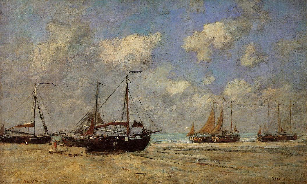 Wikioo.org - The Encyclopedia of Fine Arts - Painting, Artwork by Eugène Louis Boudin - Scheveningen, Boats Aground on the Shore