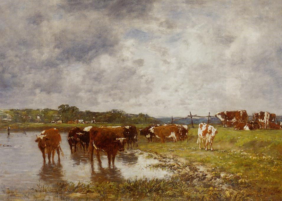 Wikioo.org - The Encyclopedia of Fine Arts - Painting, Artwork by Eugène Louis Boudin - Cows in a Meadow on the Banks of the Toques