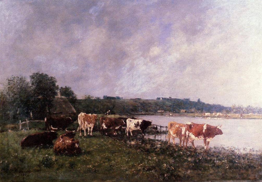 Wikioo.org - The Encyclopedia of Fine Arts - Painting, Artwork by Eugène Louis Boudin - Cows on the Riverbanks of the Touques