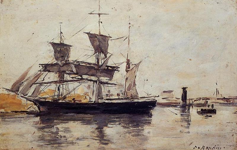 Wikioo.org - The Encyclopedia of Fine Arts - Painting, Artwork by Eugène Louis Boudin - Three Masted Ship at Dock
