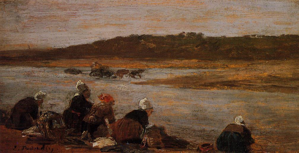 Wikioo.org - The Encyclopedia of Fine Arts - Painting, Artwork by Eugène Louis Boudin - Laundresses on the Banks of the Touques (The Effect of Fog)