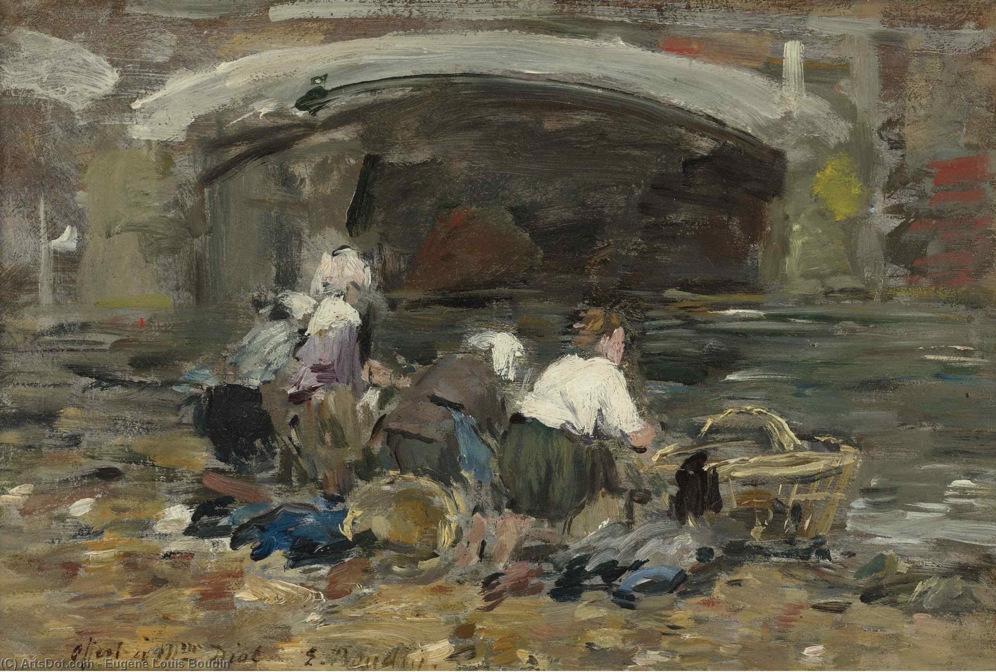 Wikioo.org - The Encyclopedia of Fine Arts - Painting, Artwork by Eugène Louis Boudin - Laundresses near a Bridge