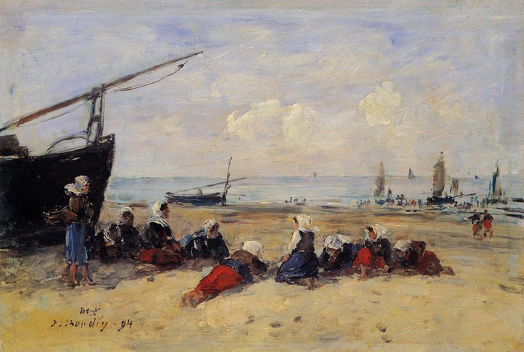 WikiOO.org - Enciclopédia das Belas Artes - Pintura, Arte por Eugène Louis Boudin - Berck, Fisherwomen on the Beach, Low Tide