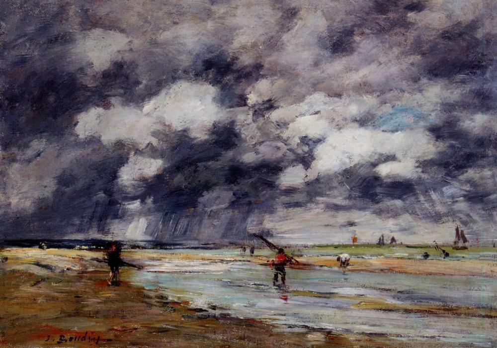 Wikioo.org - The Encyclopedia of Fine Arts - Painting, Artwork by Eugène Louis Boudin - Shore at Low Tide, Rainy Weather, near Trouville