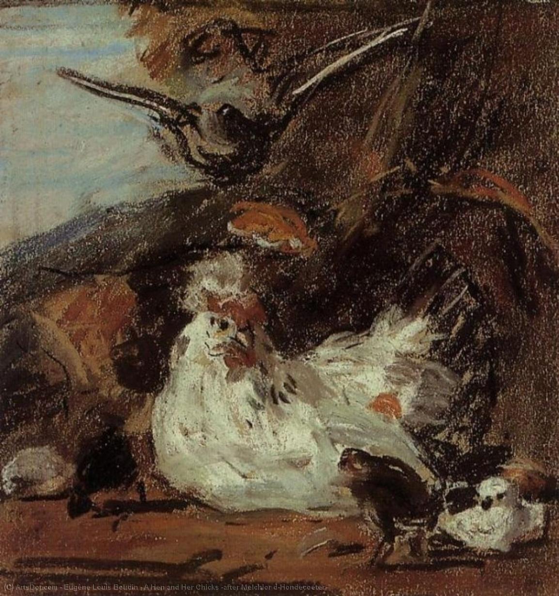 Wikioo.org – L'Encyclopédie des Beaux Arts - Peinture, Oeuvre de Eugène Louis Boudin - une poule et ses poussins ( après melchior d'Hondecoeter )