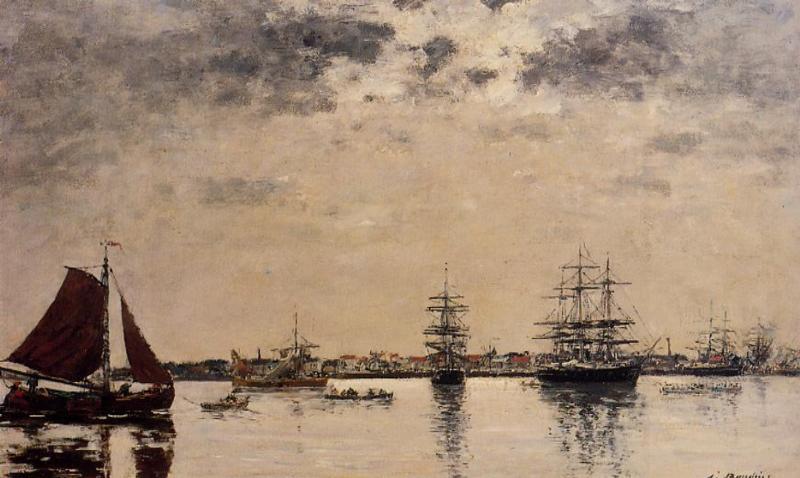 Wikioo.org - The Encyclopedia of Fine Arts - Painting, Artwork by Eugène Louis Boudin - Antwerp, boats on the River Escaut