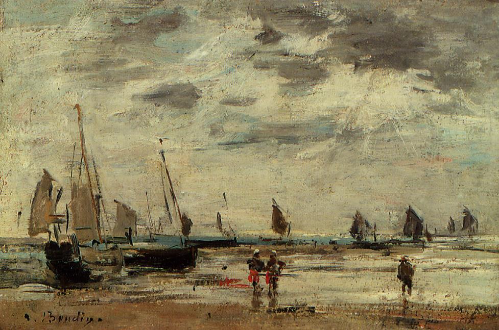 Wikioo.org - The Encyclopedia of Fine Arts - Painting, Artwork by Eugène Louis Boudin - Berck, Jetty and Sailing Boats at Low Tide