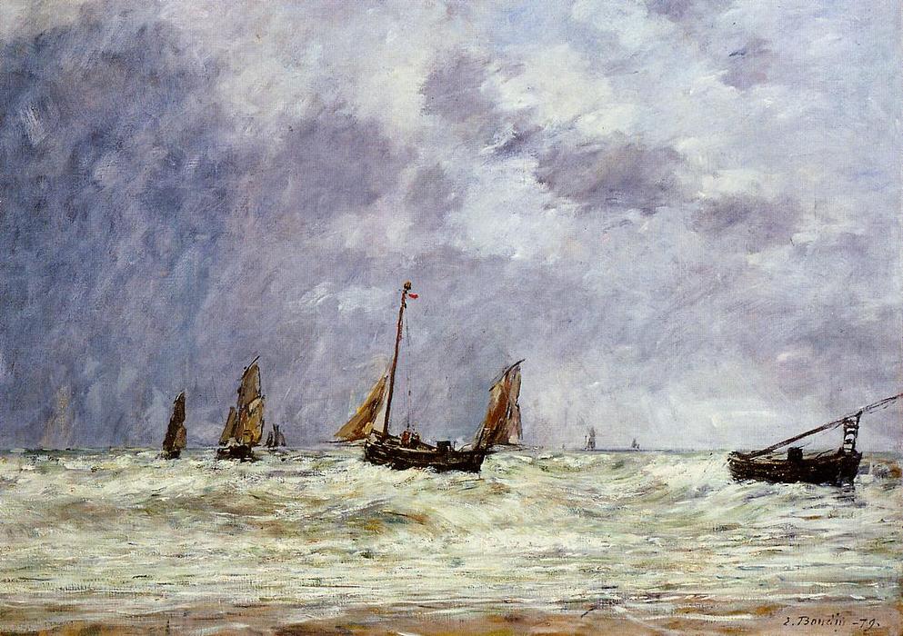 Wikioo.org - The Encyclopedia of Fine Arts - Painting, Artwork by Eugène Louis Boudin - Berck, the Departure of the Boats