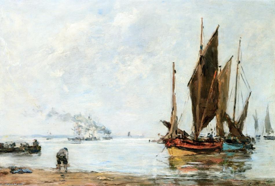 Wikioo.org - The Encyclopedia of Fine Arts - Painting, Artwork by Eugène Louis Boudin - Boats At Anchor along the Shore